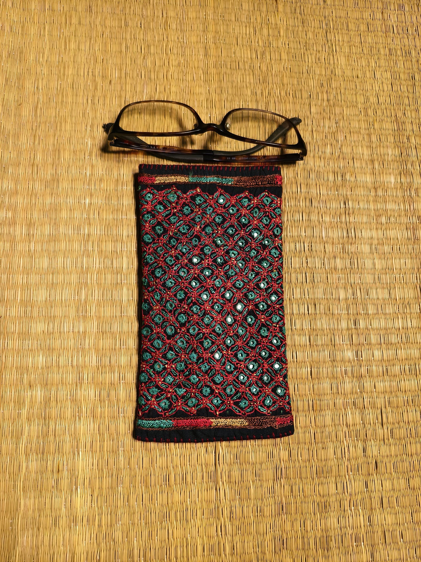 Black Green Kutch Hand-Embroidered Spec Case